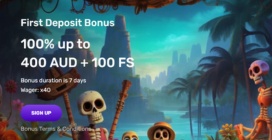 First Deposit Bonus<br>100% up to 400 AUD + 100 FS